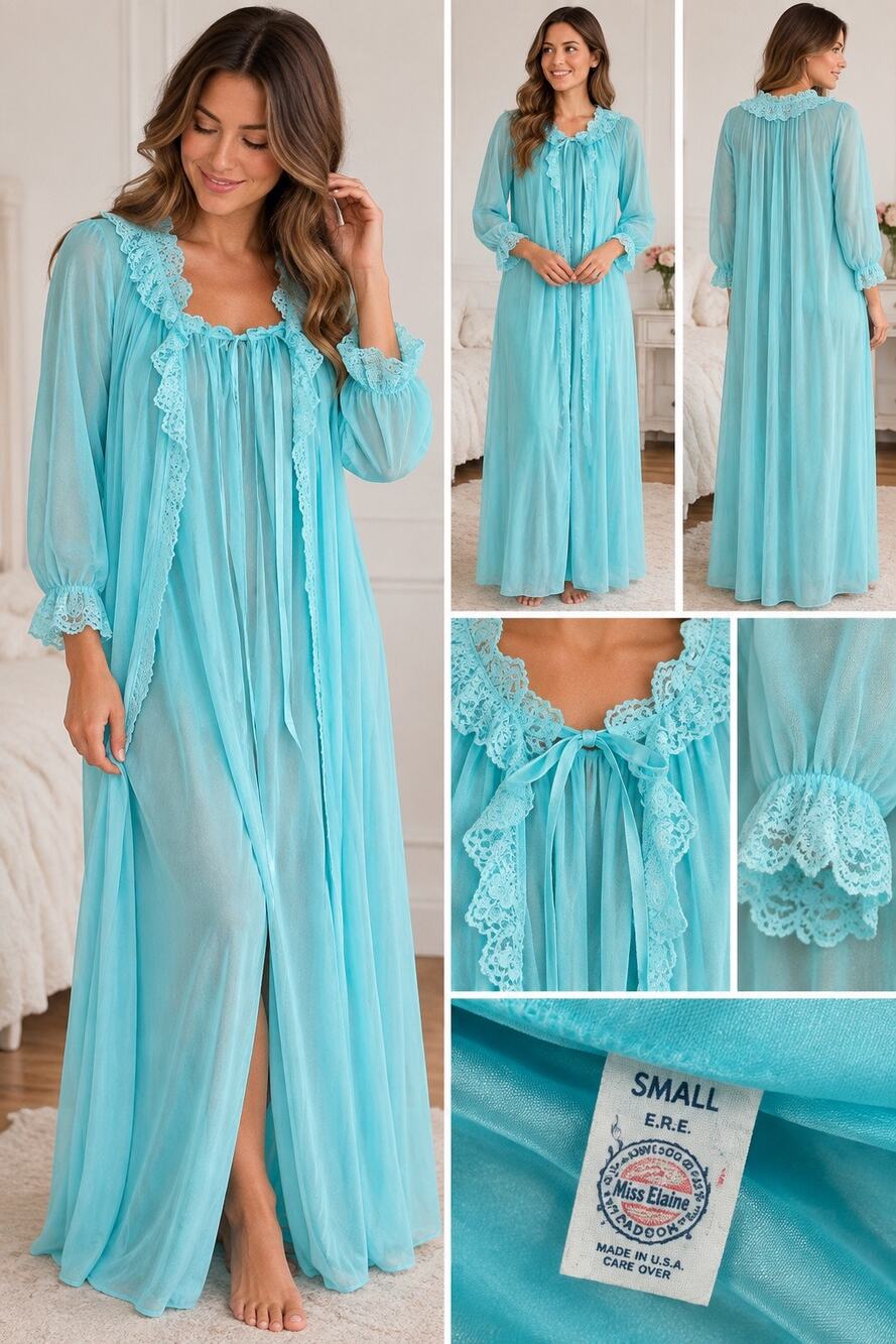 Vintage Miss Elaine Aqua Blue Lace Trim Long Peignoir Robe Nightgown Small